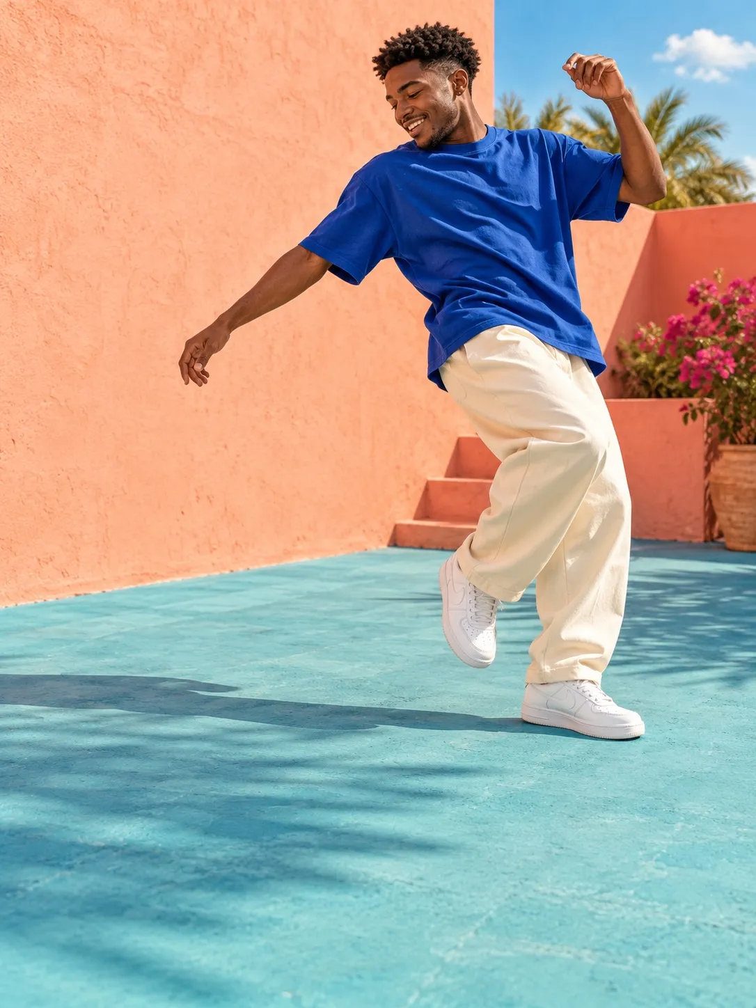 Concept image of a dancer in a sunlit peach courtyard