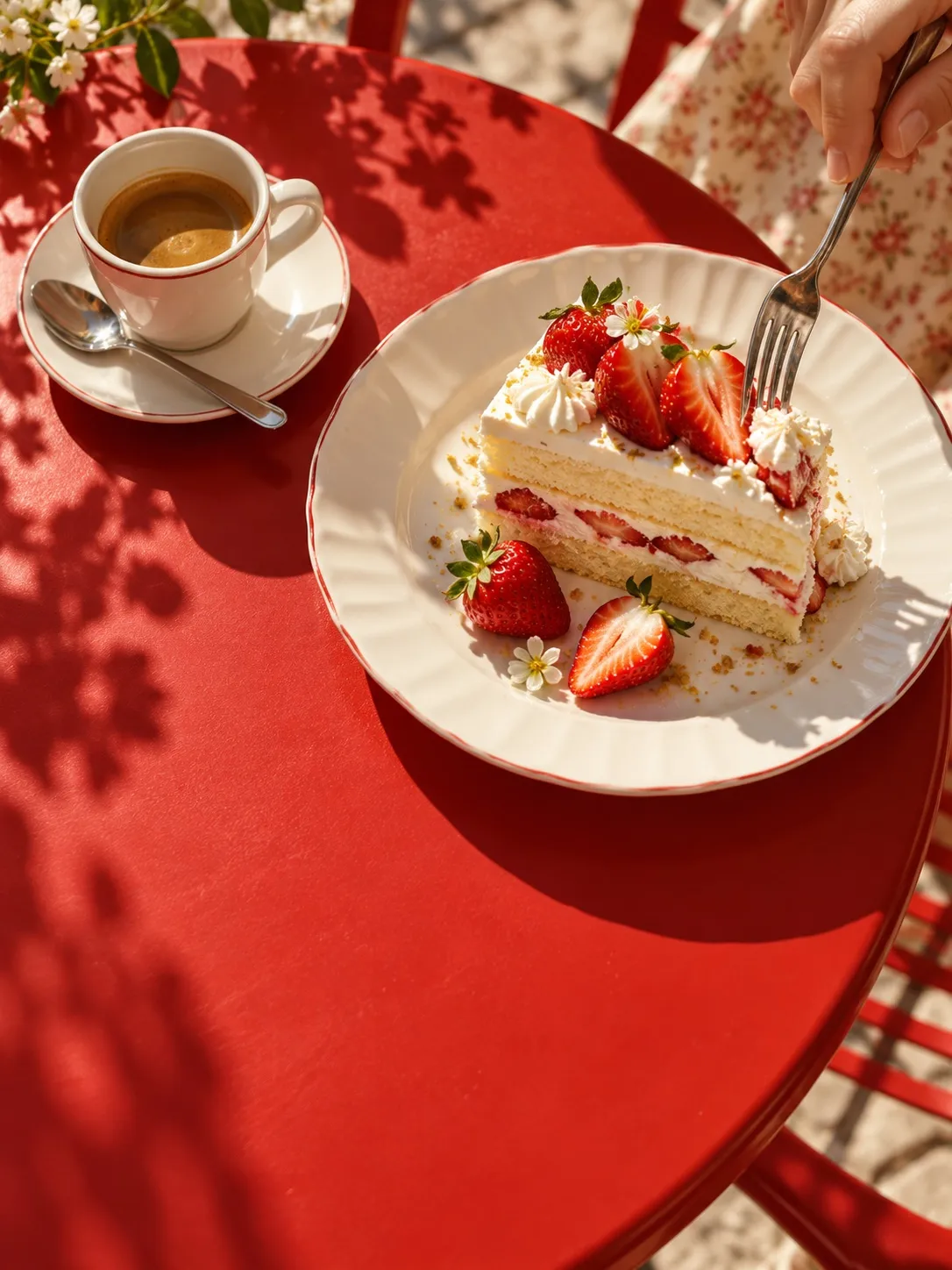 Strawberry cake and espresso on a sunny red cafe table